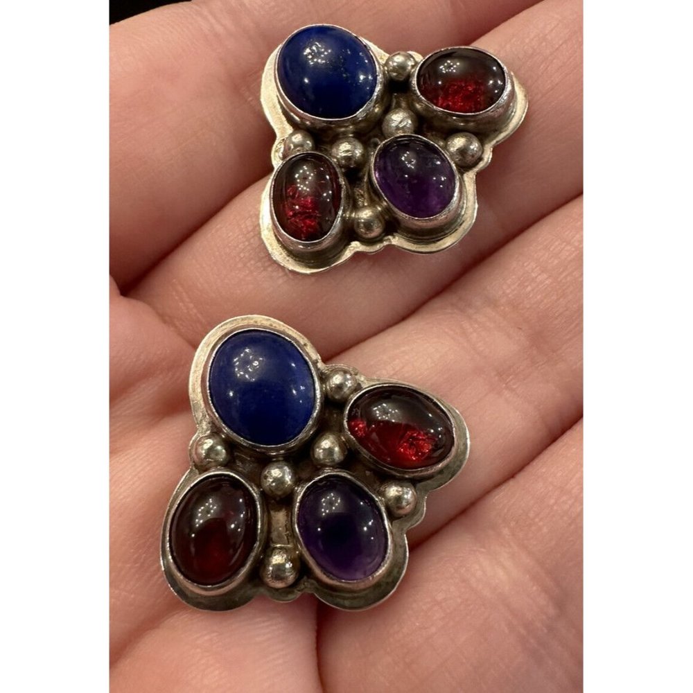 NAKAI NAVAJO 925 Sterling Silver Vintage Multi-Stone Earrings Amethyst Lapis